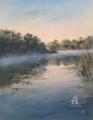 Zeichnungen mit dem Titel "Sunrise on the lake" von Irene_art, Original-Kunstwerk, Pastell