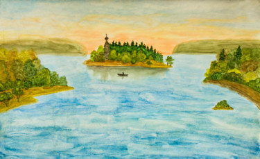 Schilderij getiteld "Island with church…" door Irina Afonskaya, Origineel Kunstwerk, Aquarel