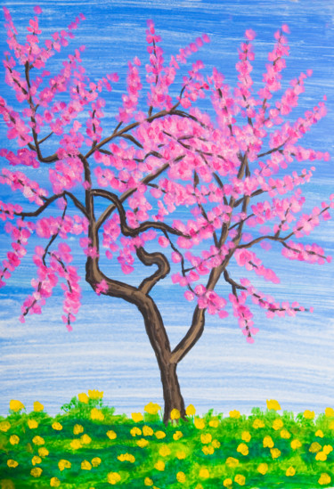 Schilderij getiteld "Pink tree with dand…" door Irina Afonskaya, Origineel Kunstwerk, Acryl