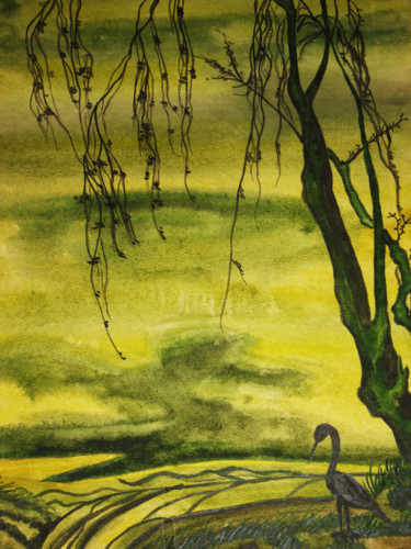 绘画 标题为“Bird with tree on g…” 由Irina Afonskaya, 原创艺术品, 水彩