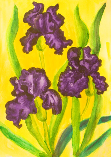 Painting titled "Violet irises on ye…" by Irina Afonskaya, Original Artwork, Watercolor