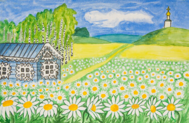 Pintura intitulada "House with camomile…" por Irina Afonskaya, Obras de arte originais, Aquarela