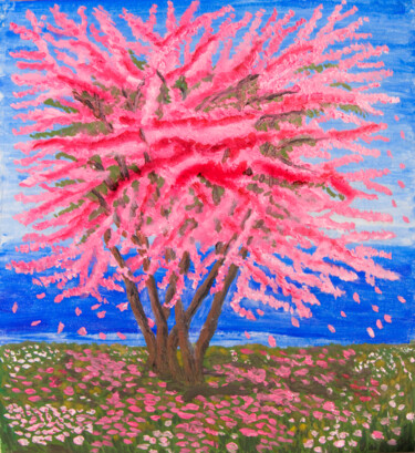 Pintura intitulada "Pink cercis tree ne…" por Irina Afonskaya, Obras de arte originais, Óleo