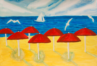 Ζωγραφική με τίτλο "Seascape with red u…" από Irina Afonskaya, Αυθεντικά έργα τέχνης, Ακουαρέλα