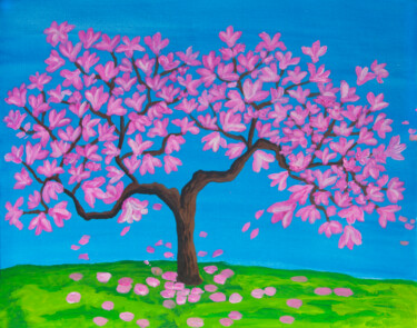 Pintura intitulada "Magnolia tree in bl…" por Irina Afonskaya, Obras de arte originais, Acrílico Montado em Cartão
