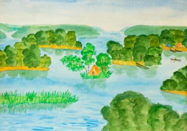 Pintura intitulada "Islands on lake" por Irina Afonskaya, Obras de arte originais, Aquarela