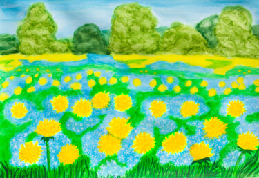 Pintura intitulada "Yellow dandelions a…" por Irina Afonskaya, Obras de arte originais, Aquarela