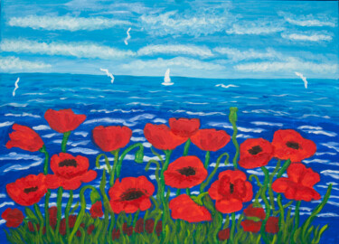Painting titled "Red poppies on sea…" by Irina Afonskaya, Original Artwork, Acrylic Mounted on Wood Stretcher frame