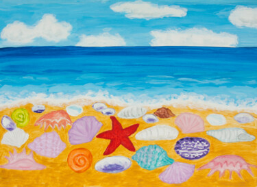 Painting titled "shells on sea beach" by Irina Afonskaya, Original Artwork, Acrylic