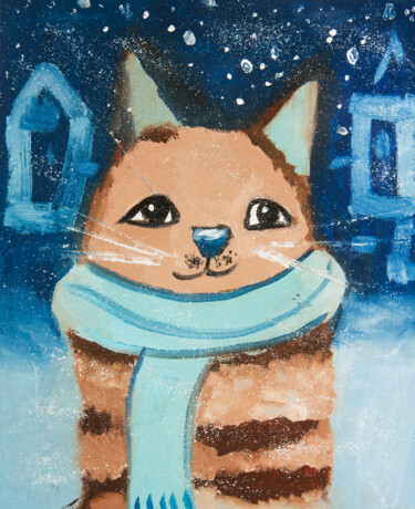 「Funny cat in winter」というタイトルの絵画 Irina Afonskayaによって, オリジナルのアートワーク, グワッシュ水彩画