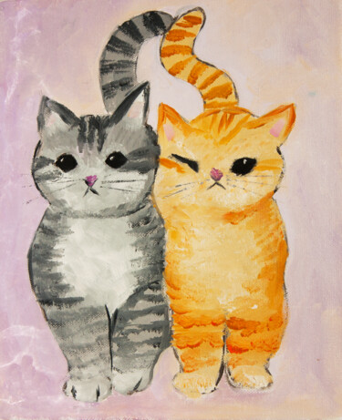 Schilderij getiteld "Two funny cats" door Irina Afonskaya, Origineel Kunstwerk, Gouache