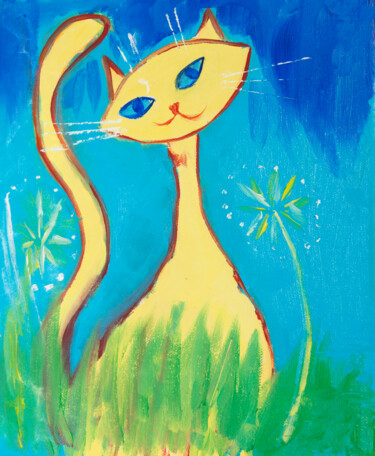 「Yellow cat」というタイトルの絵画 Irina Afonskayaによって, オリジナルのアートワーク, グワッシュ水彩画