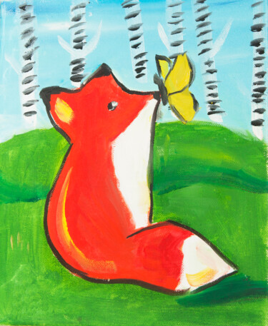「Fox with butterfly」というタイトルの絵画 Irina Afonskayaによって, オリジナルのアートワーク, グワッシュ水彩画