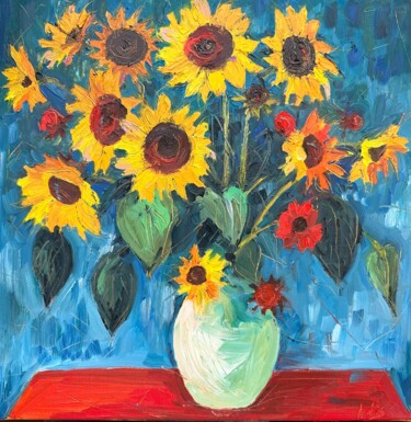Painting titled "Sunflowers in a vase" by Irina Anis, Original Artwork, Oil