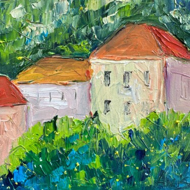 Painting titled "Cozy House" by Irina Anis, Original Artwork, Oil Mounted on Wood Stretcher frame