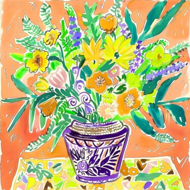 Druckgrafik mit dem Titel "Spring flowers in p…" von Irina Bast, Original-Kunstwerk, Tinte Auf Keilrahmen aus Holz montiert