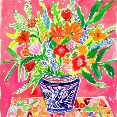 Printmaking titled "COLORFUL FLOWERS IN…" by Irina Bast, Original Artwork, Digital Painting Mounted on Wood Stretcher frame