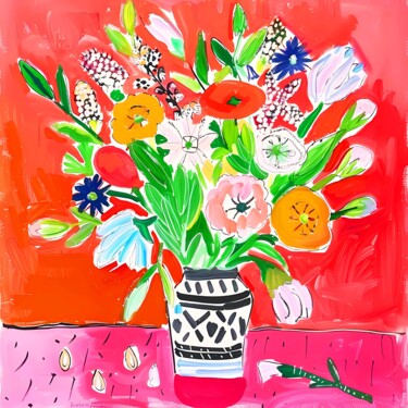 「Vivid flowers in va…」というタイトルの製版 Irina Bastによって, オリジナルのアートワーク, デジタルプリント ウッドストレッチャーフレームにマウント