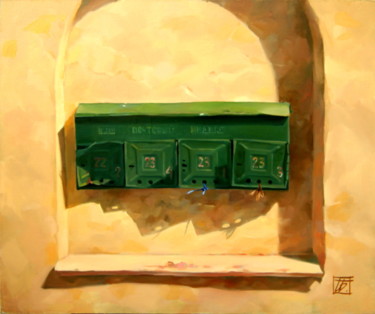 Картина под названием "Старые почтовые ящи…" - Irina Bogdanova, Подлинное произведение искусства, Масло Установлен на Деревя…