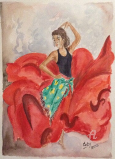 Peinture intitulée "Danse gitane en rou…" par Irina Caby (Bonbon.mme), Œuvre d'art originale, Aquarelle