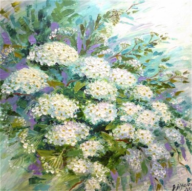 Painting titled "Blooming spiraea" by Irina Zhigalova, Original Artwork, Oil