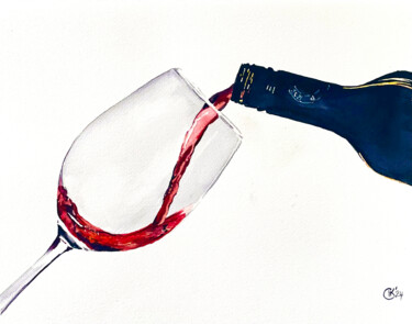 Картина под названием "Elegant Red Wine Po…" - Irina Kurganskaya, Подлинное произведение искусства, Акварель
