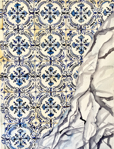 绘画 标题为“Floral Blue Azulejo…” 由Irina Kurganskaya, 原创艺术品, 水彩