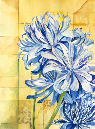 Painting titled ""Blue Agapanthes -…" by Irina Kurganskaya, Original Artwork, Watercolor