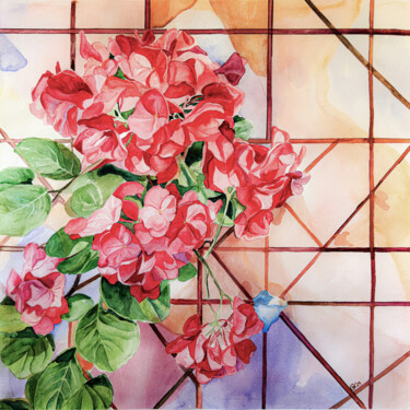 Painting titled "Red Bougainvillea" by Irina Kurganskaya, Original Artwork, Watercolor