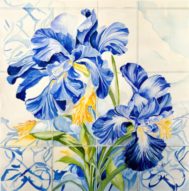 Painting titled "Bright Blue Irises" by Irina Kurganskaya, Original Artwork, Watercolor