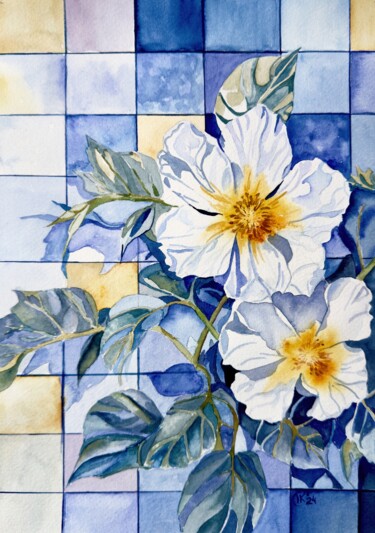 Painting titled ""White Cistus Flowe…" by Irina Kurganskaya, Original Artwork, Watercolor