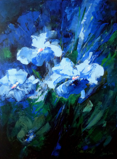 Malerei mit dem Titel "Night trio of flowe…" von Irina Laube, Original-Kunstwerk, Acryl