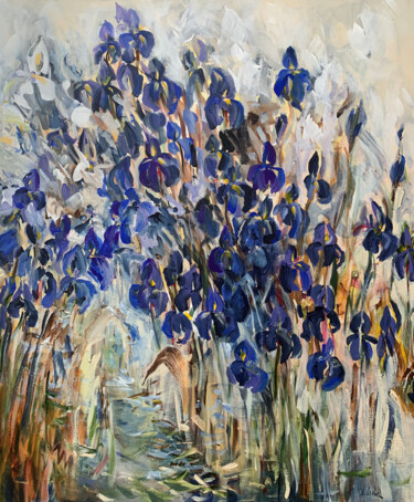 Malerei mit dem Titel "Blue irises on the…" von Irina Laube, Original-Kunstwerk, Acryl