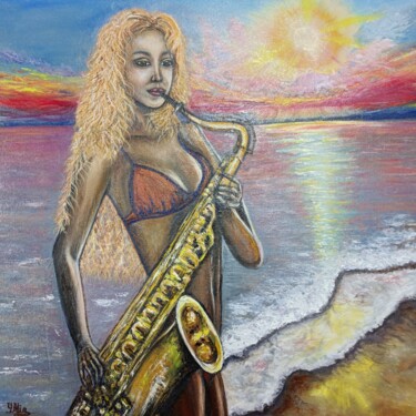 Pittura intitolato "Girl with a saxopho…" da Irina Minevich, Opera d'arte originale, Olio