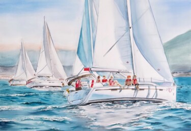 Painting titled "On the yacht" by Irina Ponna, Original Artwork, Watercolor
