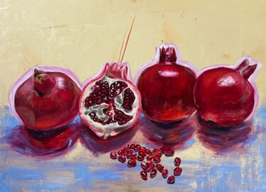 Painting titled "Pomegranates" by Irina Ponna, Original Artwork, Oil Mounted on Wood Panel