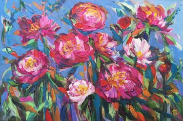 Pintura intitulada "Pink Peonies on blu…" por Irina Privedentseva, Obras de arte originais, Óleo