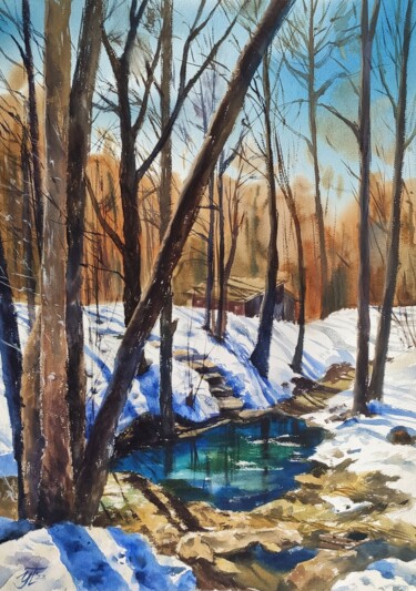 Schilderij getiteld "Winter sunny landsc…" door Irina Pronina, Origineel Kunstwerk, Aquarel