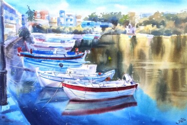 Картина под названием "Boats at the shore.…" - Irina Pronina, Подлинное произведение искусства, Акварель