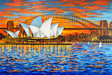 「Sydney Night Light…」というタイトルの絵画 Irina Redineによって, オリジナルのアートワーク, アクリル ウッドストレッチャーフレームにマウント