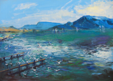 Painting titled "Annecy lake (Lac d'…" by Irina Sergeyeva, Original Artwork, Oil Mounted on Other rigid panel