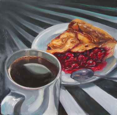 Painting titled "Damn nice coffee an…" by Irina Sergeyeva, Original Artwork, Oil Mounted on Wood Stretcher frame