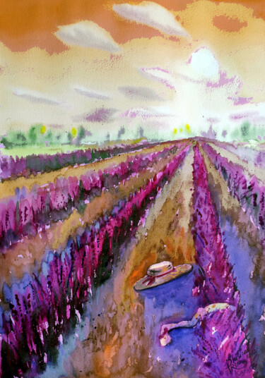 Artes digitais intitulada "Lavender field" por Irina Shilina Canvas, Obras de arte originais, Aquarela