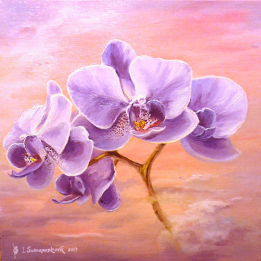 Painting titled "Orchids at sunrise.…" by Irina Sumanenkova, Original Artwork, Oil Mounted on Wood Stretcher frame