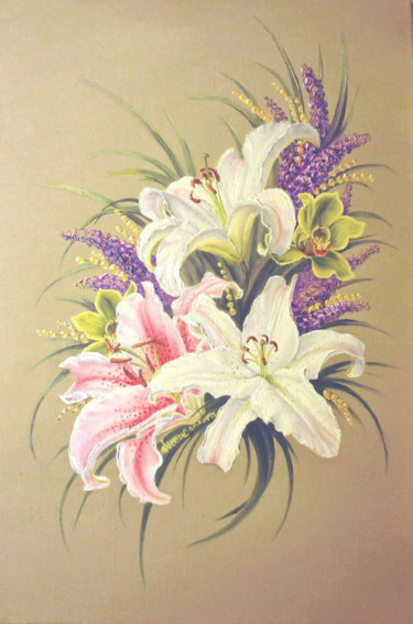 Painting titled "Lilies and orchids.…" by Irina Sumanenkova, Original Artwork, Oil Mounted on Wood Stretcher frame