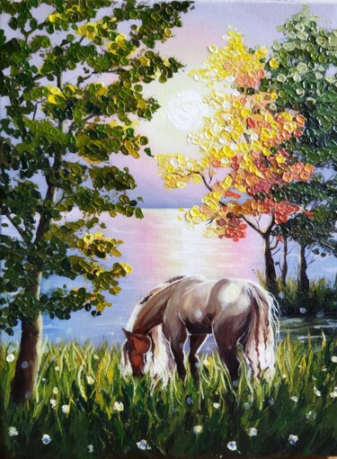 Pintura titulada "horse on the lake" por Irina Vishnevetskaia, Obra de arte original, Acrílico Montado en Bastidor de camill…