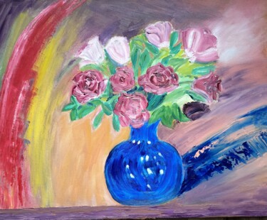 Картина под названием "Букет роз в синей в…" - Irina Voloshina, Подлинное произведение искусства, Масло Установлен на Деревя…