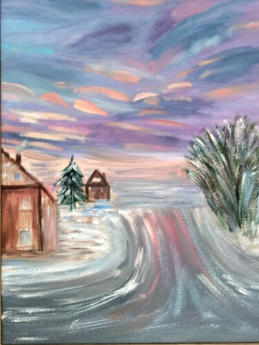 Картина под названием "Зимняя дорога" - Irina Voloshina, Подлинное произведение искусства, Масло Установлен на Деревянная ра…