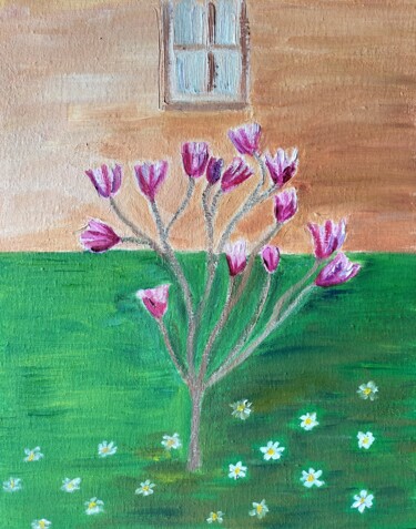 Painting titled "Magnolia dans le ja…" by Irina Voloshina, Original Artwork, Oil Mounted on Wood Panel