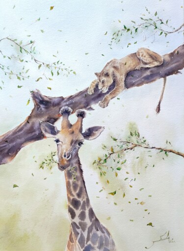 Painting titled "HELLO!" by Irina Zagibalova, Original Artwork, Watercolor Mounted on Wood Stretcher frame